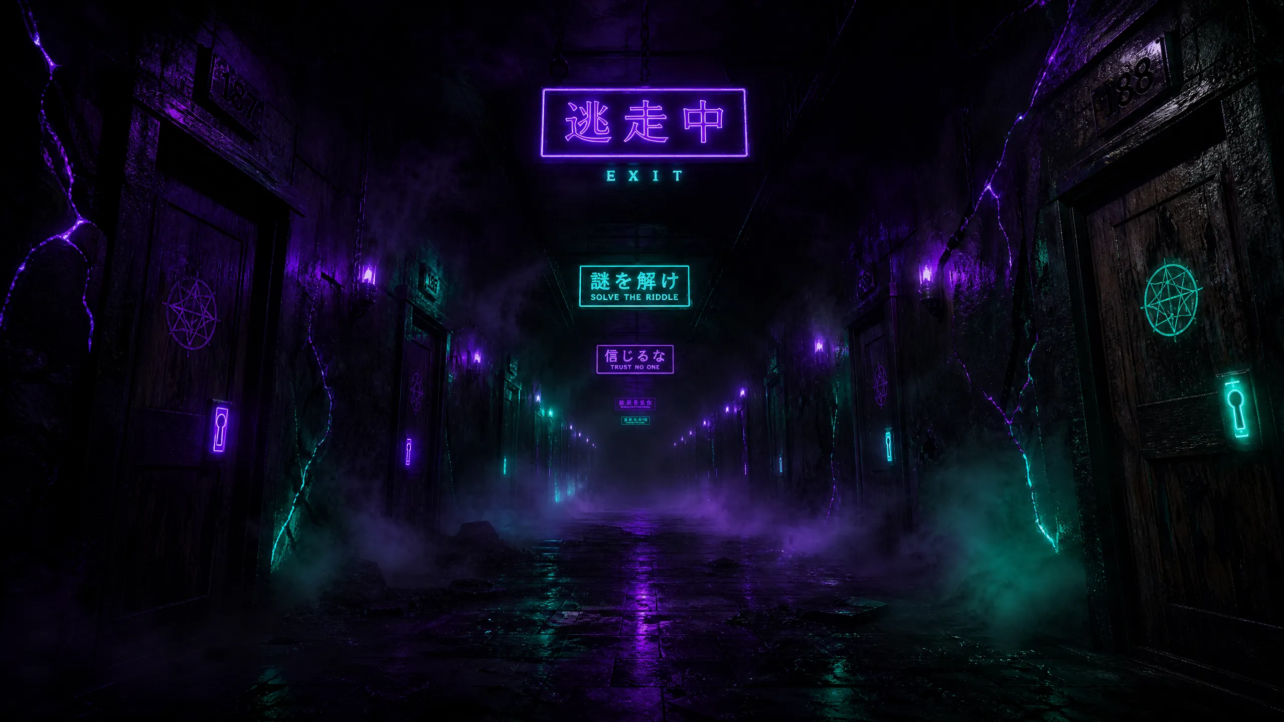 密室走廊第一人称视角，霓虹紫光与幽灵荧光绿交织的悬疑暗夜走廊
