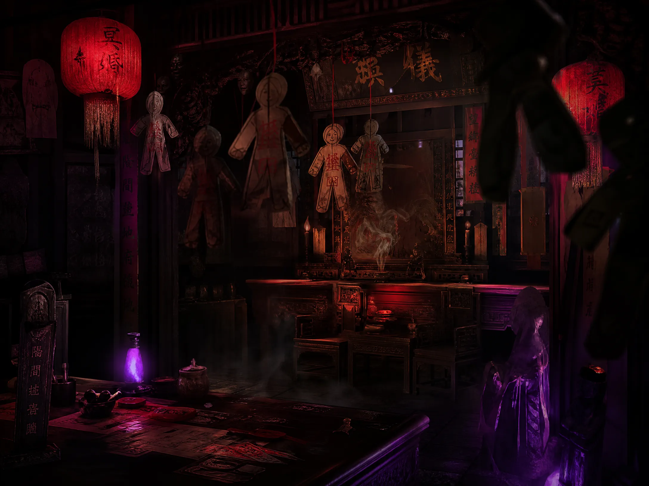 中式微恐密室主题：纸人古宅场景